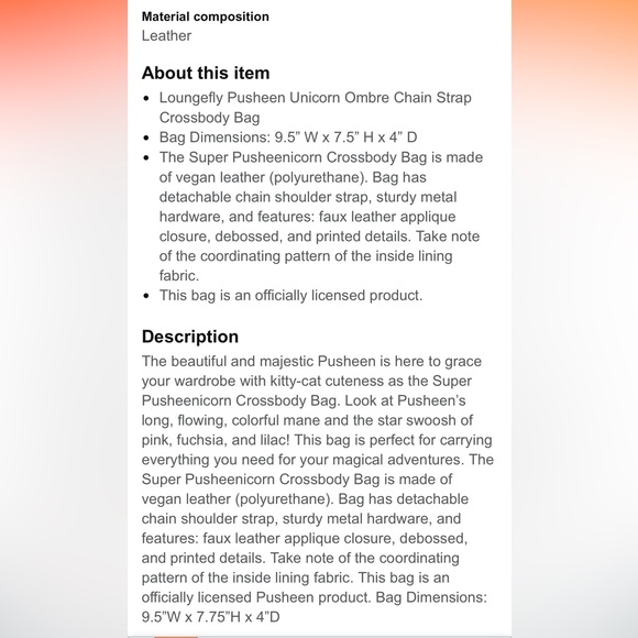NWT Loungefly Pusheen Unicorn Ombré Chain Strap Crossbody Bag - Picture 8 of 11